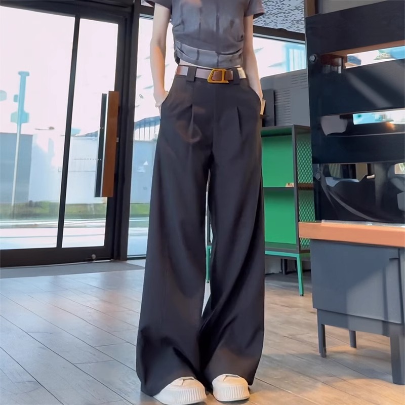 黑色西装休闲阔腿裤女微胖穿搭2025新款高腰垂感显瘦直筒拖地长裤