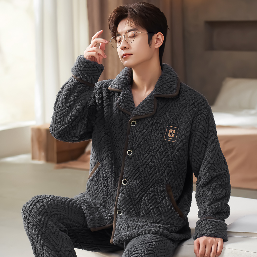 睡衣男秋冬天季加厚法兰绒套装珊瑚绒家居服加绒开衫大码保暖