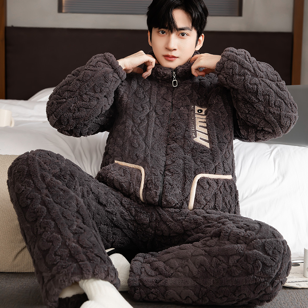 三层夹棉毛绒家居服男士秋冬款珊瑚绒加厚绒法兰绒家居服大码套装