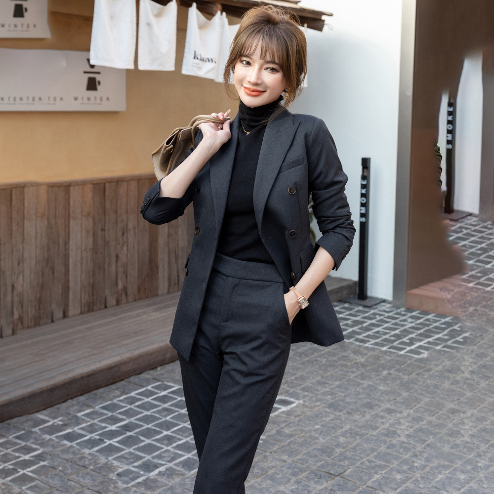 9315秋冬新款灰蓝色双排扣修身西装女高端职场显瘦西服套装女长袖