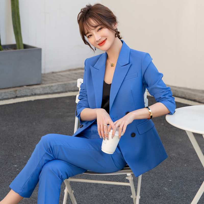 9102春季新款冰海蓝西装双排扣显瘦套装女小西服气质韩版面试装女
