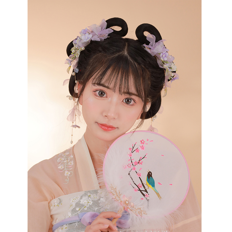 汉服头饰古风配饰紫色绢花对夹发夹流苏步摇簪花侧边夹古装发饰女