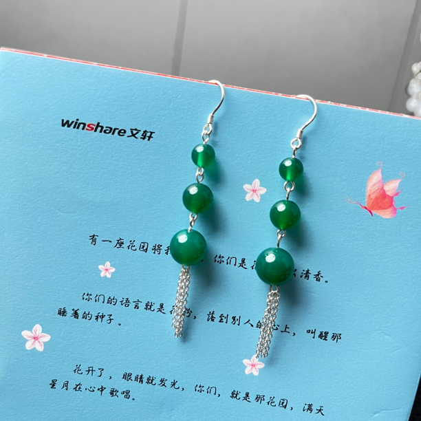 天然珠宝玉石玛瑙卡6-8-10毫米耳环s925纯银耳钩耳饰