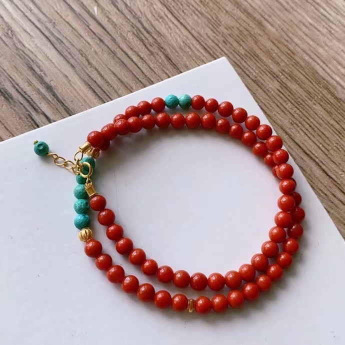 臻和|天然南红手链原矿绿松石玉化星球珠18k金配饰女1122