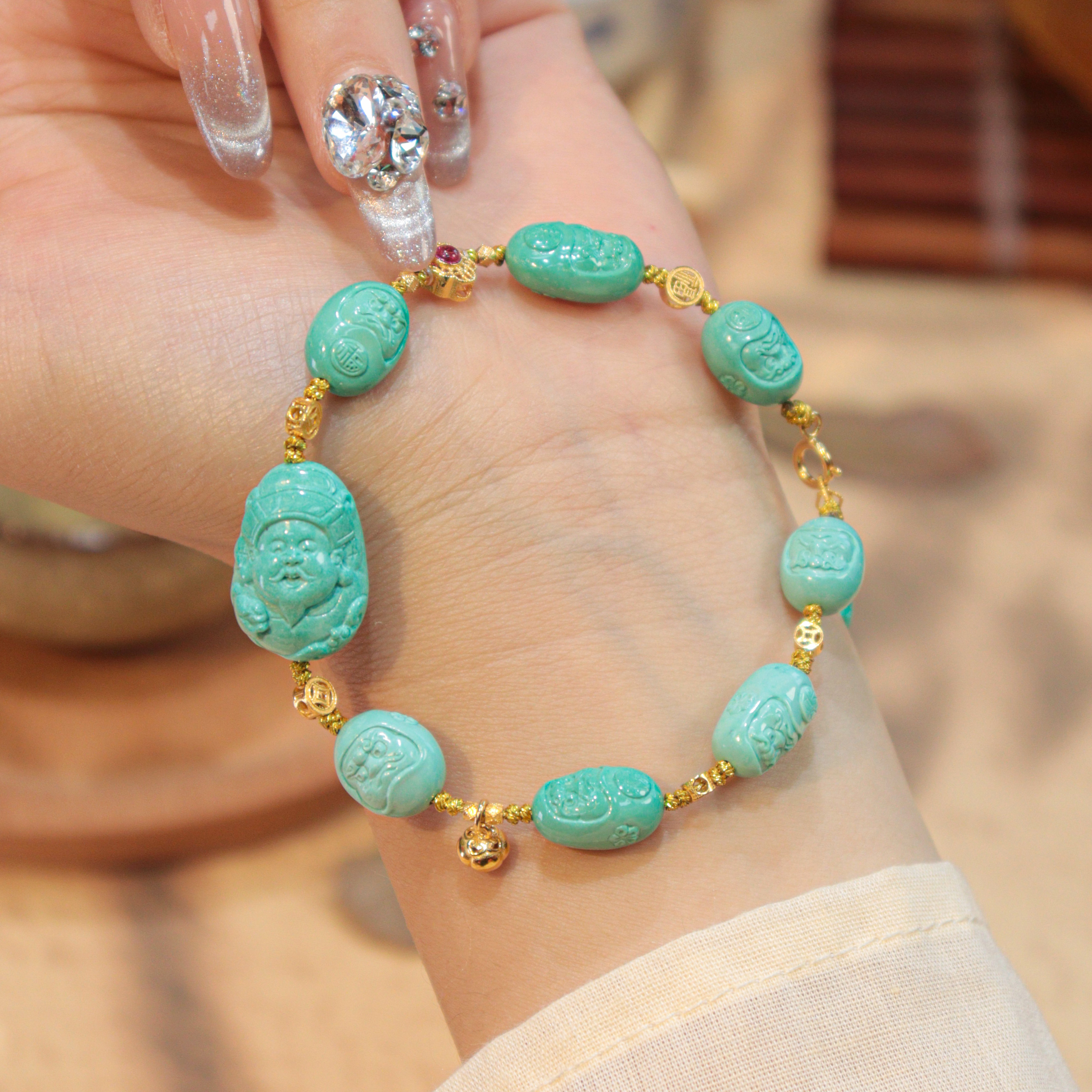 臻和|绿松石财神爷手链配饰18k金复古国风气质百搭时尚潮流0704