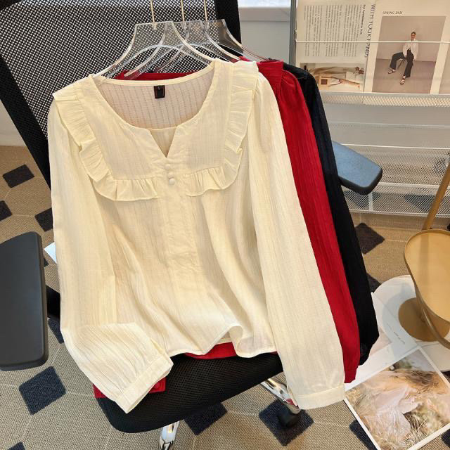 设计感雪纺洋气上衣女法式时髦木耳边复古大码显瘦遮肉衬衣春新款