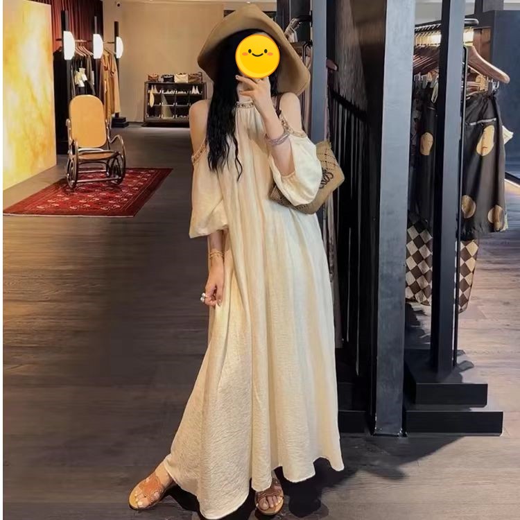 现346-7无腰带 2025新款露肩花边连衣裙高端显瘦气质超仙学姐长裙