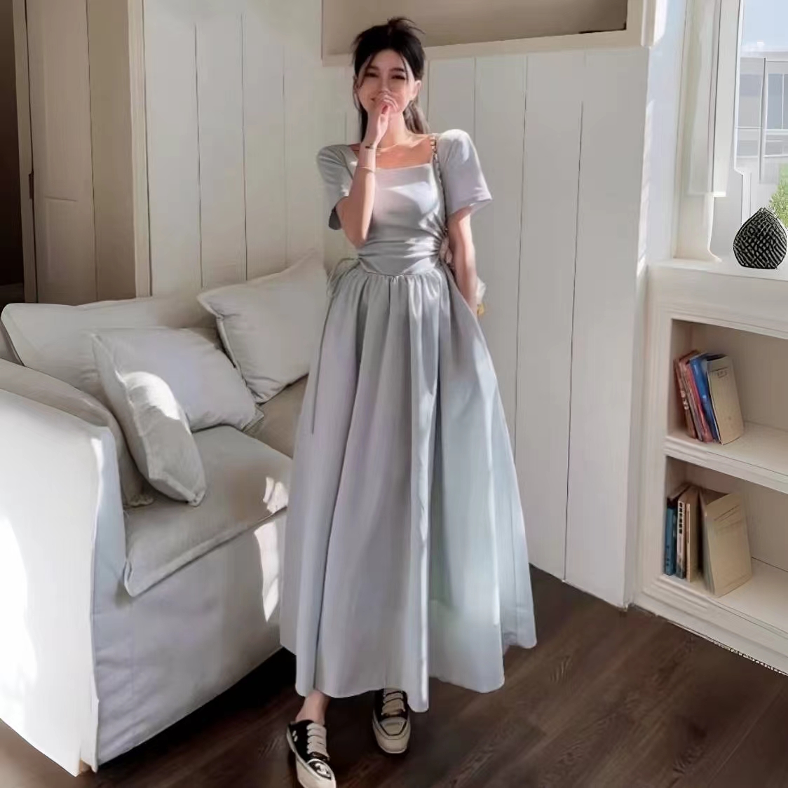 308#法式高级感极简风方领上衣拼按连衣裙高腰显瘦抽绳裙子夏