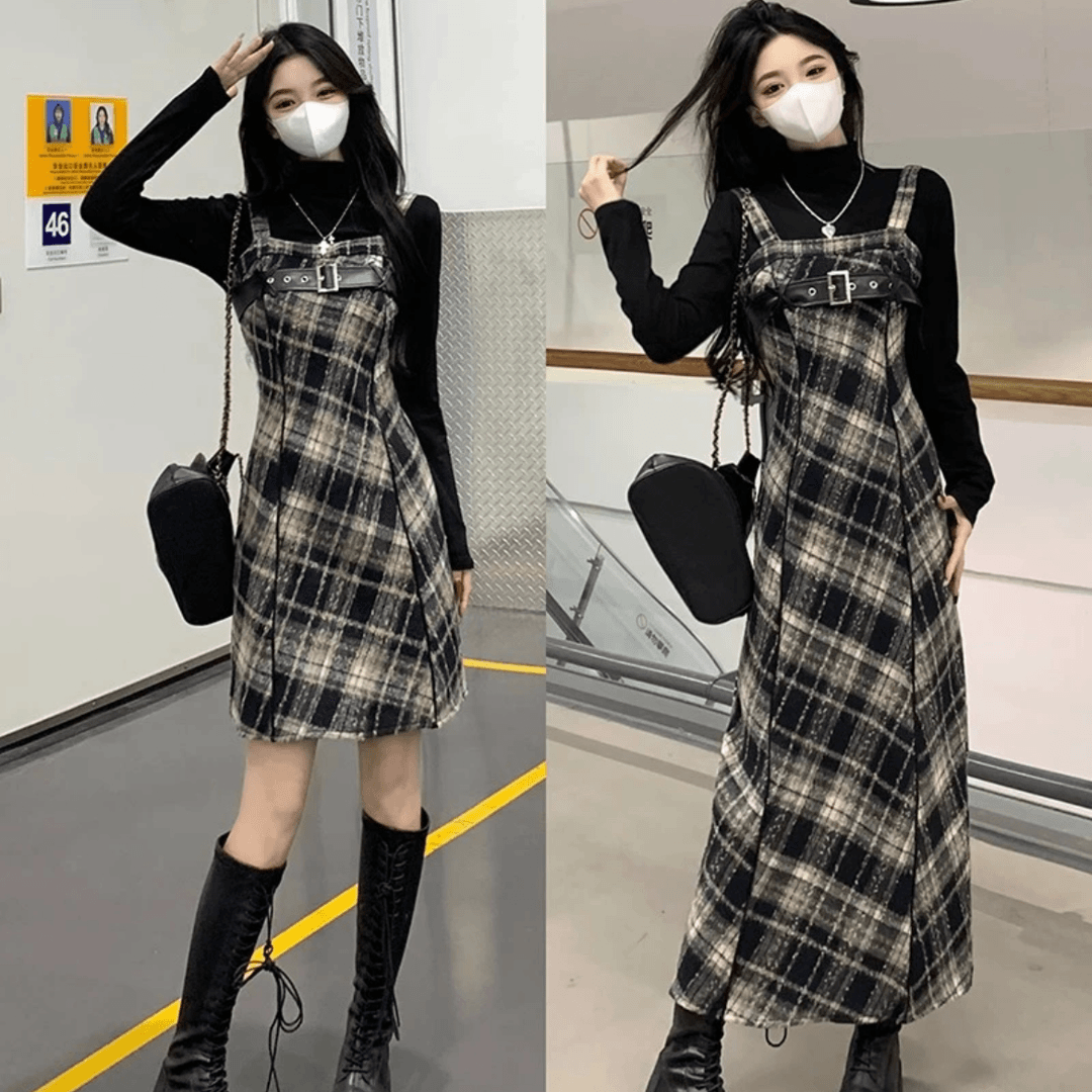 1242-7#复古格纹长款吊带连衣裙设计感黑色打底长袖上衣两件套