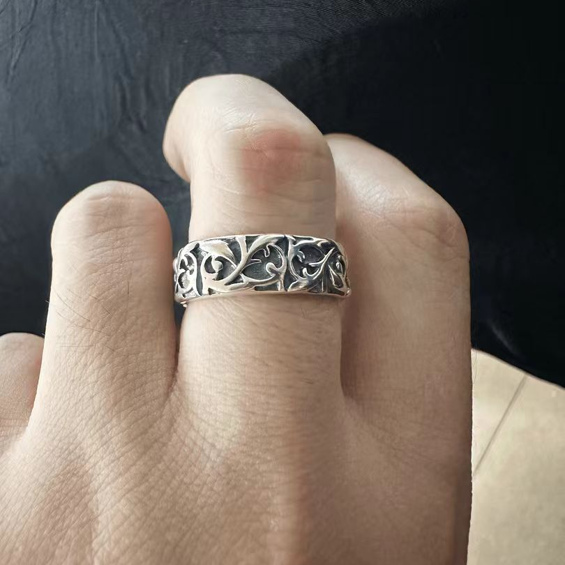 925银莫桑石戒指 指环做旧时尚个性中古客家银实心永恒戒指