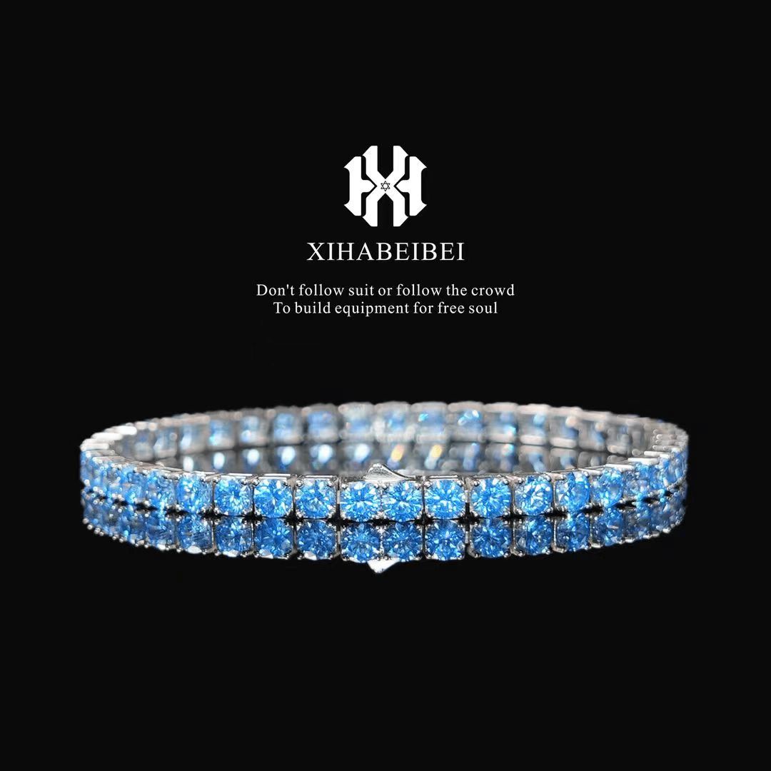925银合成锆石手链 时尚经典精致满钻豪华925银5A锆石蓝色手链