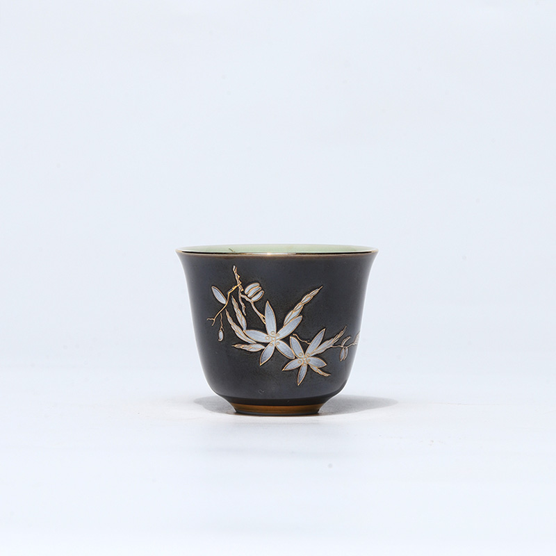 【非遗茶空间】珐琅彩黑地绘花内青釉铃铛杯 中式茶杯茶具茶器