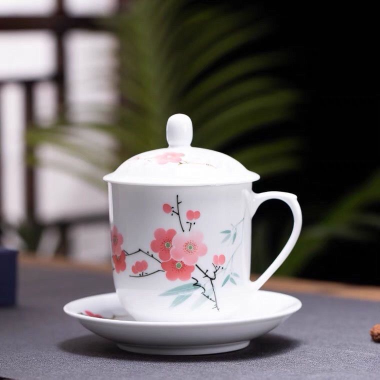 景德镇陶瓷库存厂货全手工手绘釉中彩翠竹红梅办公室茶杯 高白泥