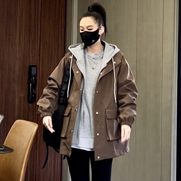 风衣女中长款休闲连帽春秋宽松大码胖mm假两件ins潮韩版情侣外套