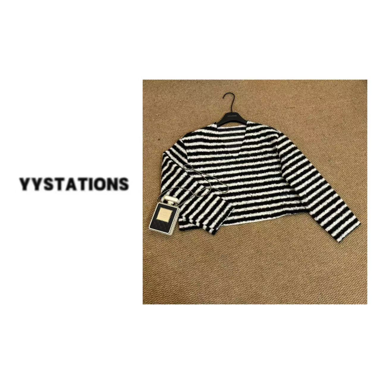YYSTATIONS【斑马!】冬季新款V领宽松慵懒风撞色条纹显瘦套头打底