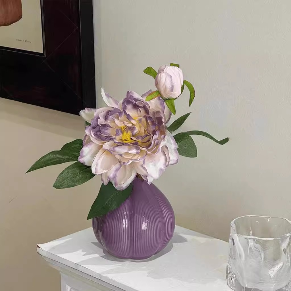 高级感紫色牡丹花仿真花客厅餐桌装饰床头柜陶瓷摆件家居摆件假花