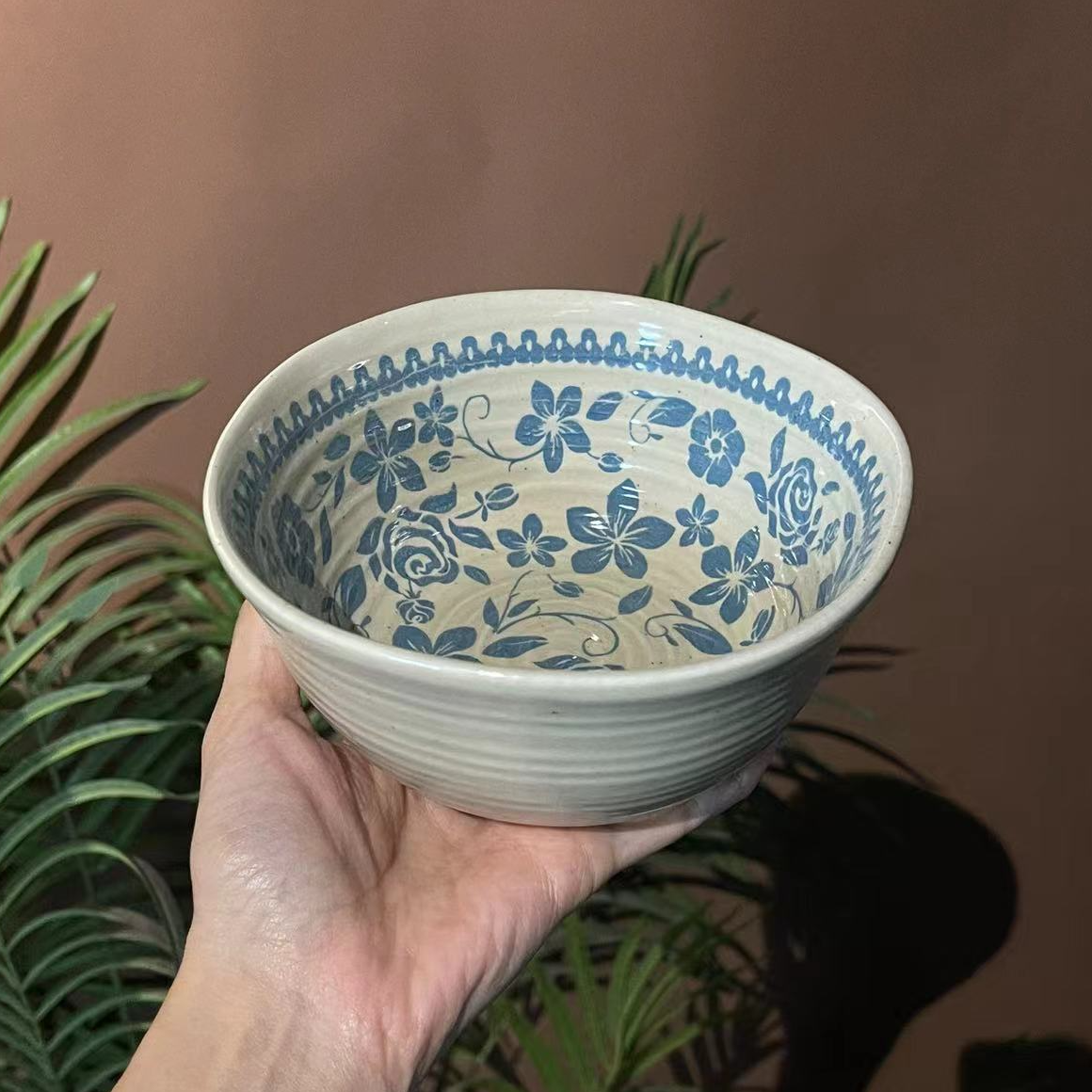 6寸哑光蓝色螺纹印花饭碗  微瑕 凑满20发货