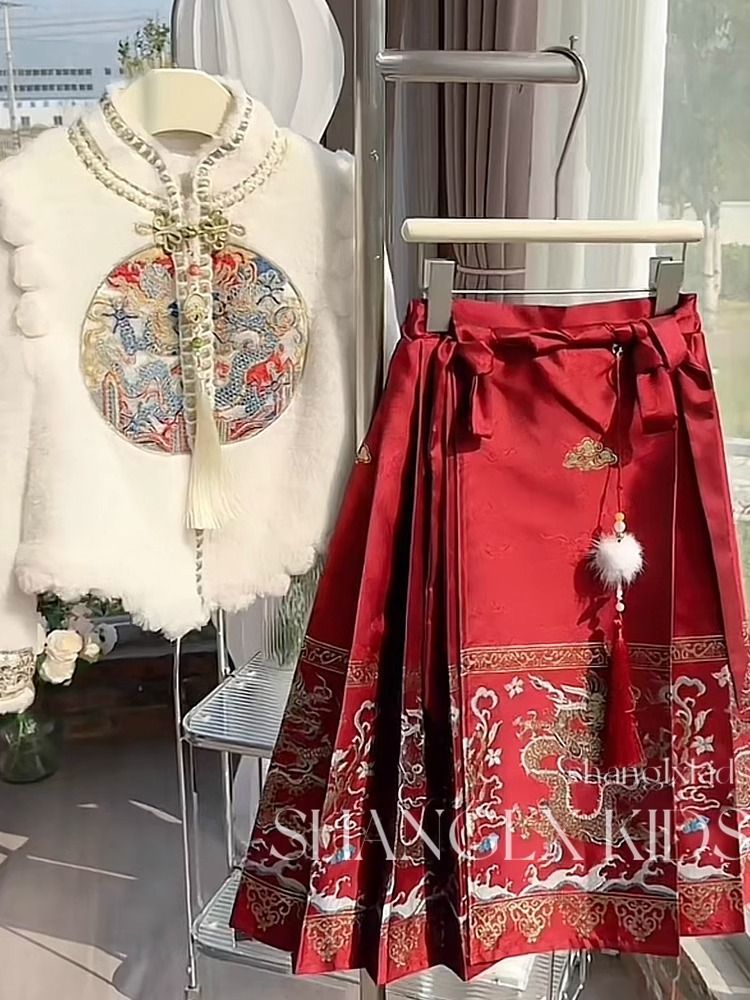 龙凤呈祥马面裙女童冬季汉服加绒儿童裙子拜年服2023新