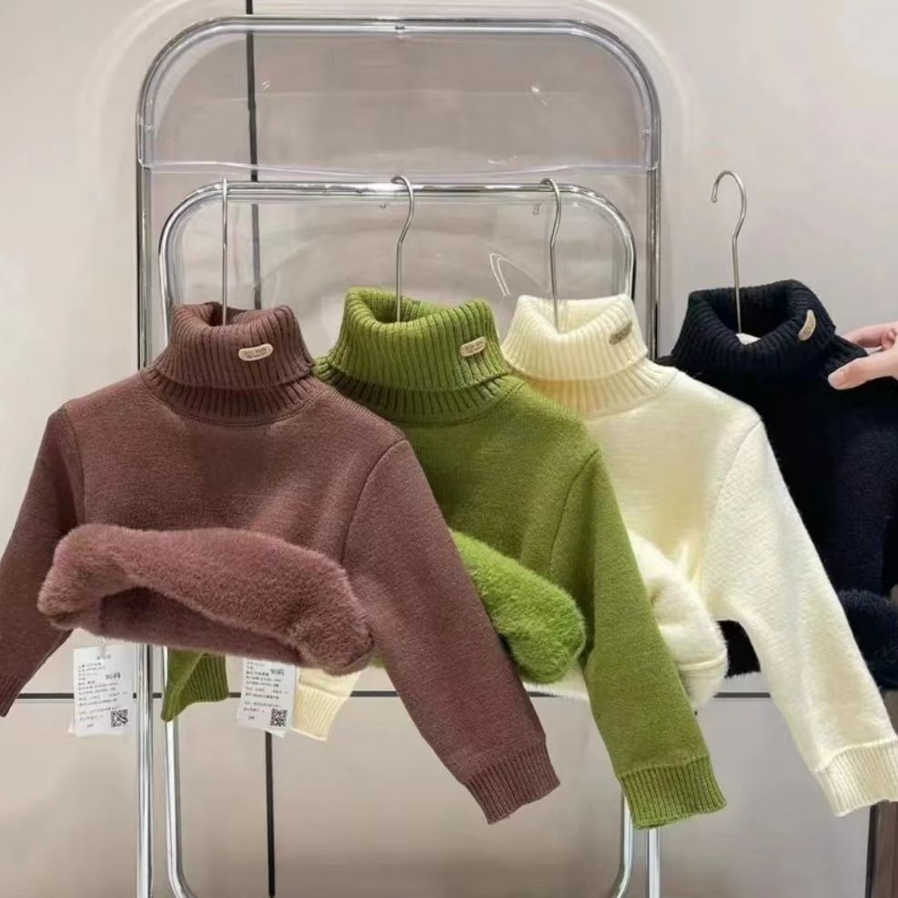 巴拉拉吧加绒男童女童一体绒毛衣加厚高领新款洋气百搭针织毛衣