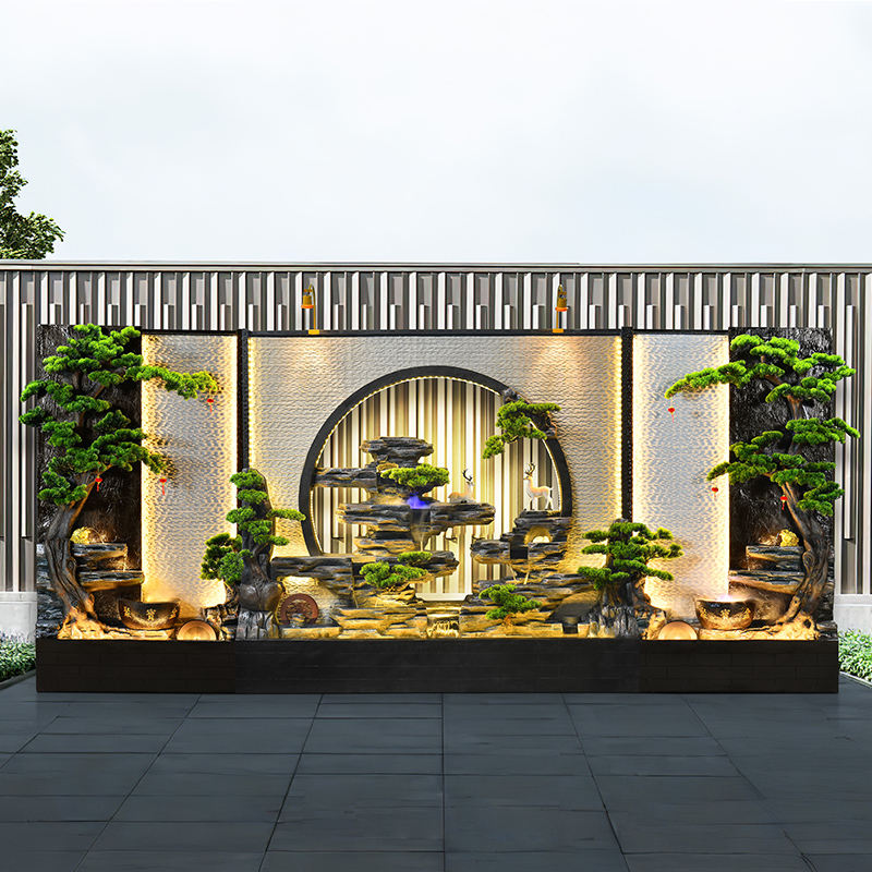 大型户外水幕墙假山流水别墅庭院景观鱼池公司门店屏风落地摆件