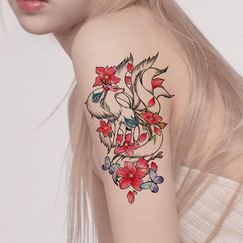 九尾狐彩绘纹身贴防水仿真女手臂腿部后背纹身贴狐狸遮瑕贴画