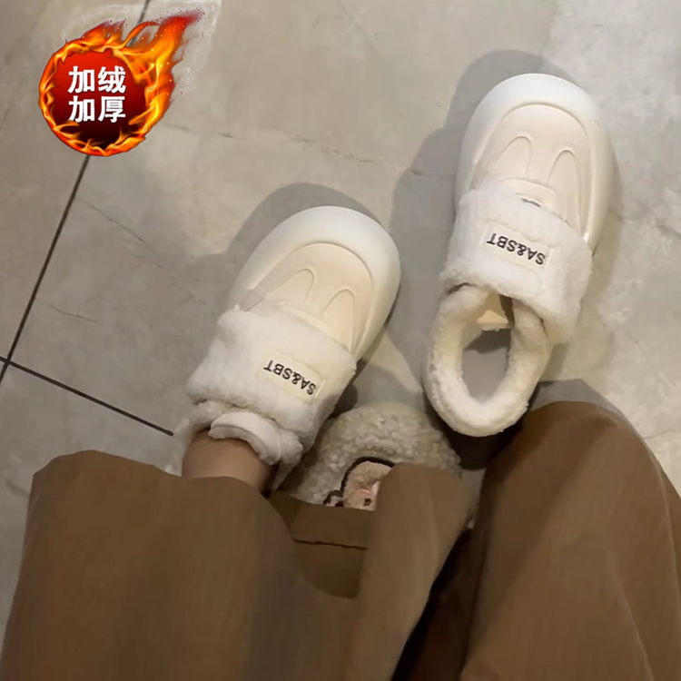 休闲PU橡胶低帮鞋圆头魔术贴平底深口鞋子时尚百搭加绒防滑高帮