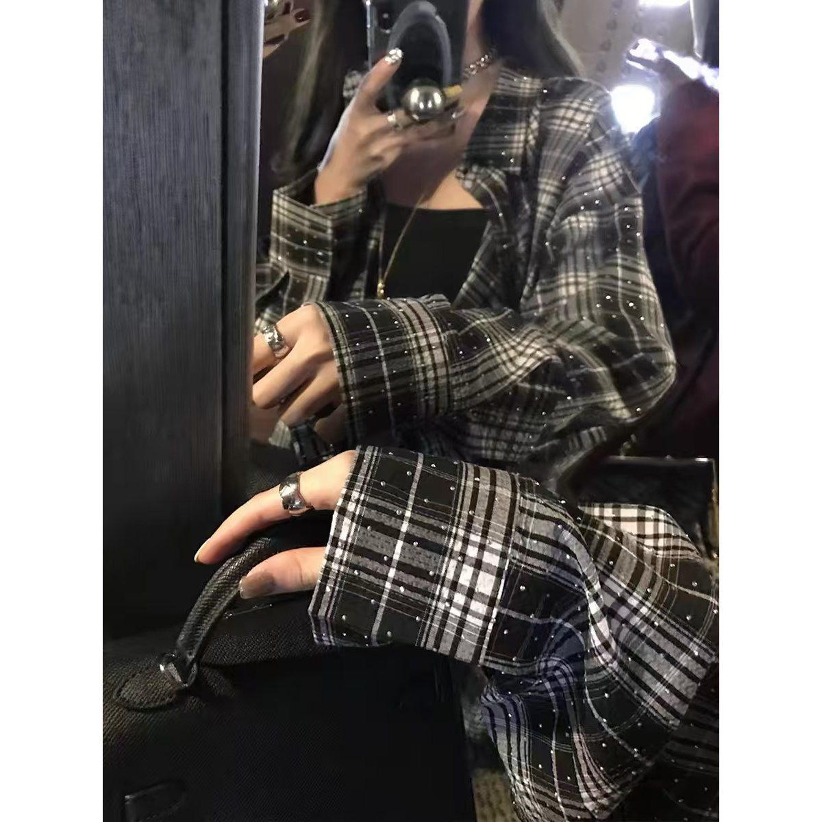 设计感镶钻格子衬衫女慵懒风宽松休闲长袖防晒衬衣上衣外套潮8811