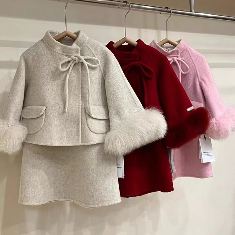 女童新年圣诞妮子上衣外套2023秋冬新款女宝宝毛呢外套背心裙套装