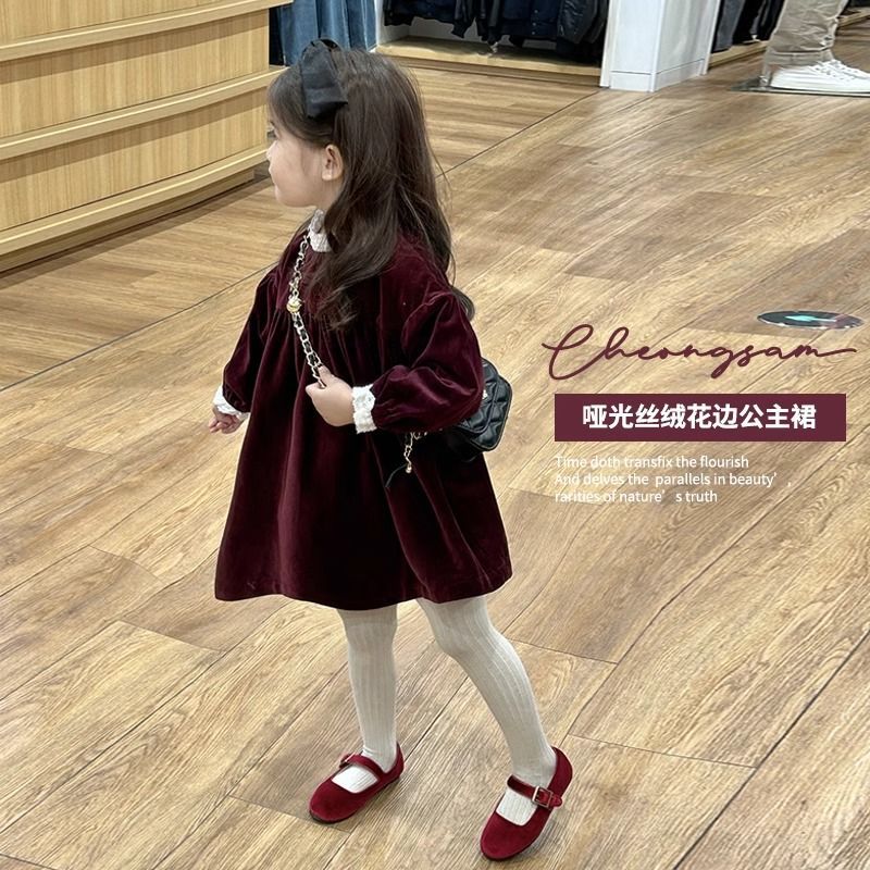女童酒红丝绒连衣裙2023秋冬新款韩版宝宝洋气花边公主裙礼服童裙