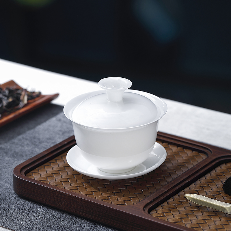 潮州骨瓷功夫茶具薄胎家用纯白三才元宝盖碗岩茶单丛普洱适用泡茶