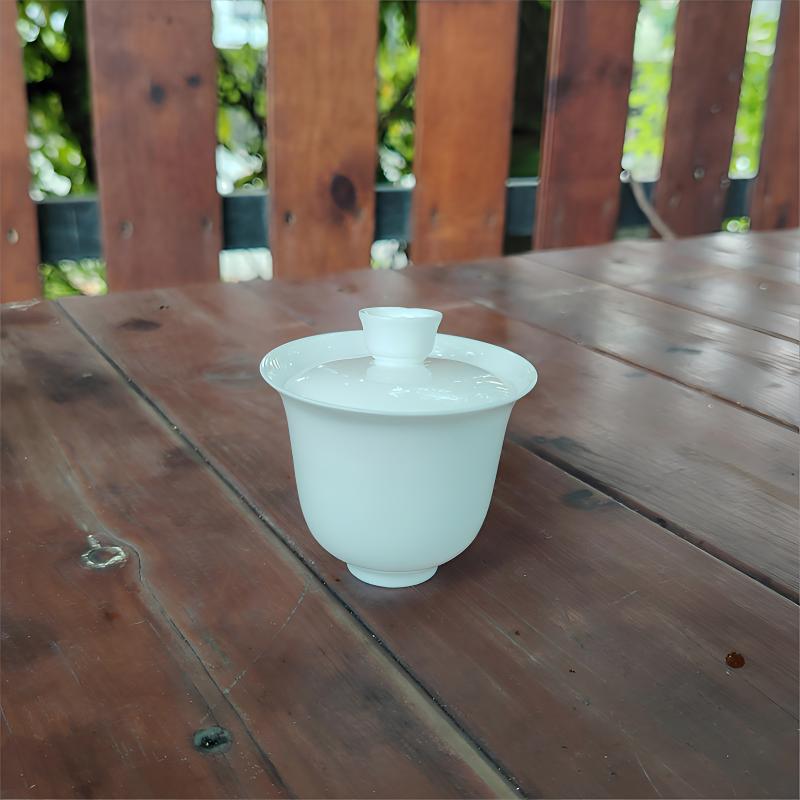 潮州骨瓷功夫茶具超薄胎纯白--美人二才小盖碗满水90CC盖下75CC