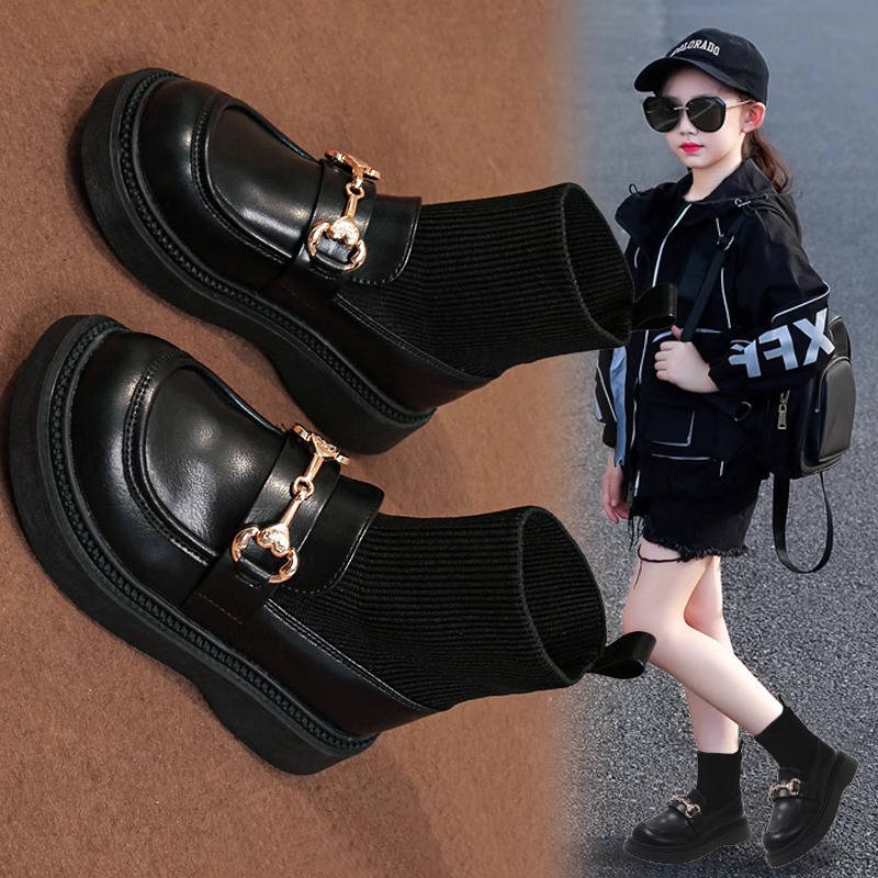 ABC女童皮鞋2025秋冬季新款儿童黑色公主马丁靴时尚英伦风袜子靴