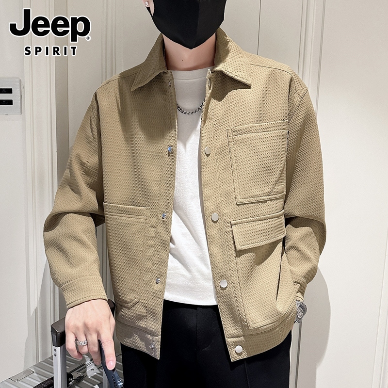 JEEPSPIRIT夹克男士秋季华夫格潮流翻领上衣服宽松休闲工装外套男