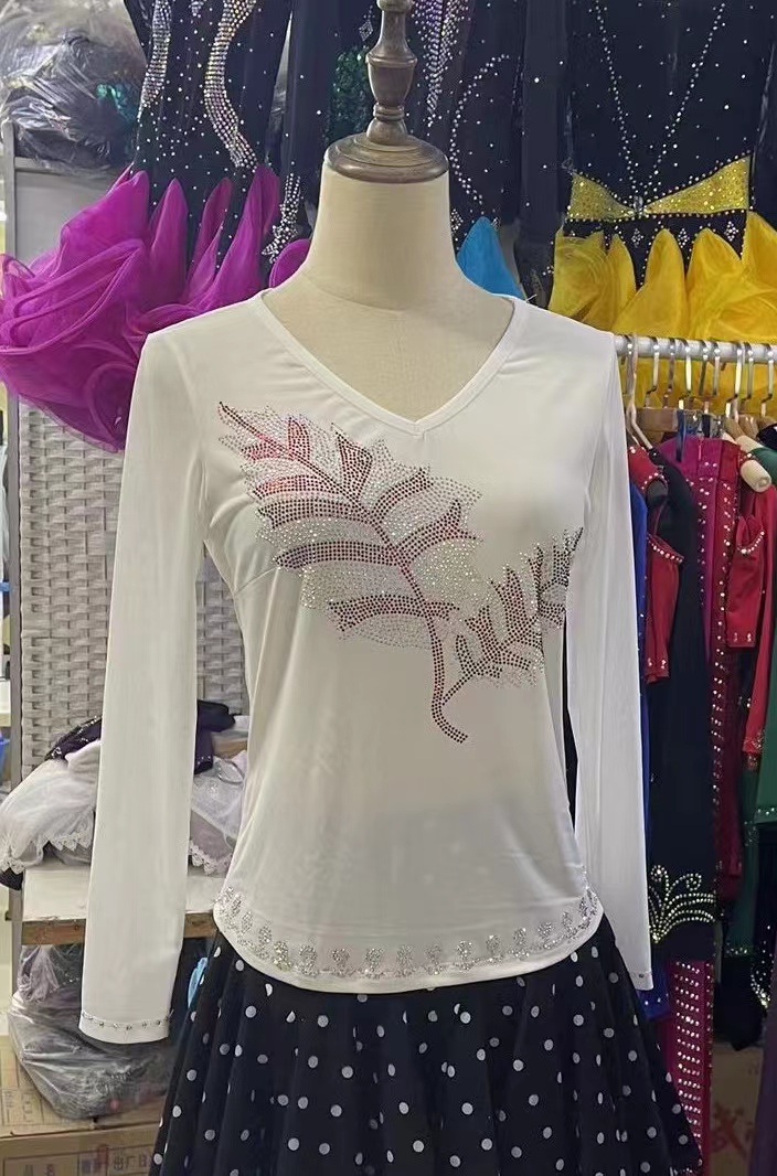 WXF休闲舞蹈服白色练功服显瘦长袖百搭镶钻女款重工女士服装修身