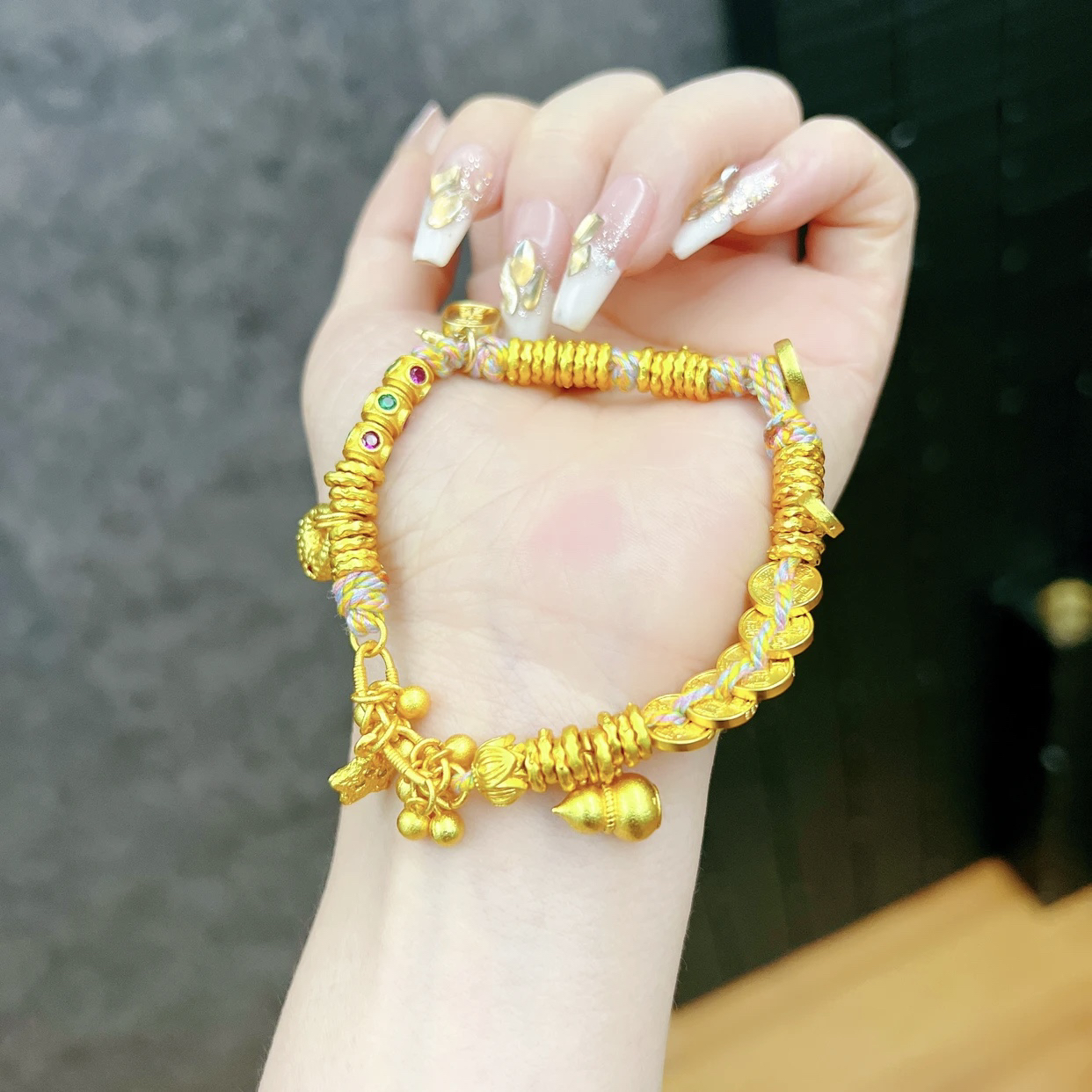 铜合金手链 【饰事顺意】新中式国潮古典星星五帝币盘缠手链编绳