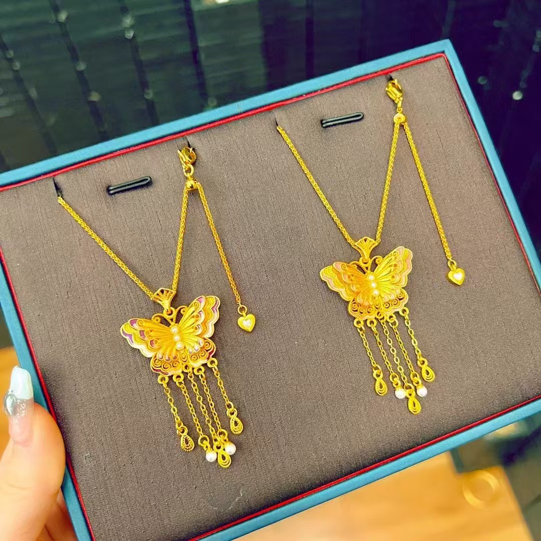 铜合金吊坠 【饰事顺意】新中式珐琅流苏蝴蝶锁骨链搭配万能肖邦链