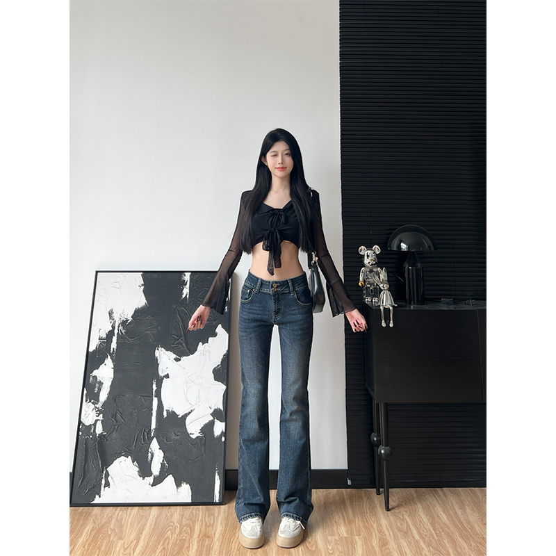 蓝色175高个子美式复古辣妹低腰微喇拖地牛仔裤女微喇叭拖地长裤