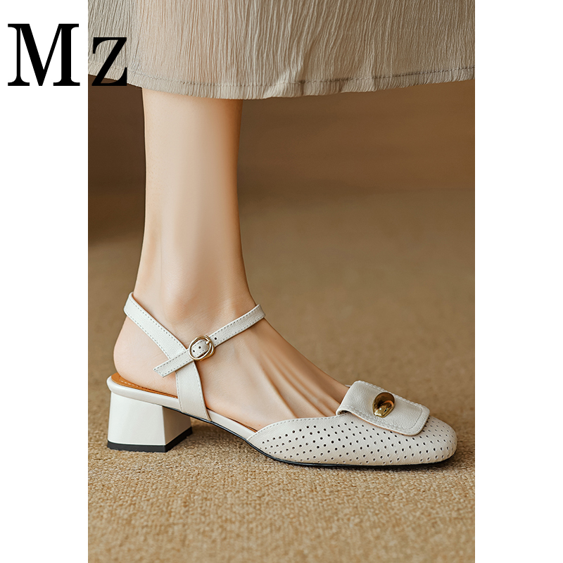 Mr.Zheng/淘小正/4cm/包头镂空一字带粗跟2024夏季新款透气凉鞋女