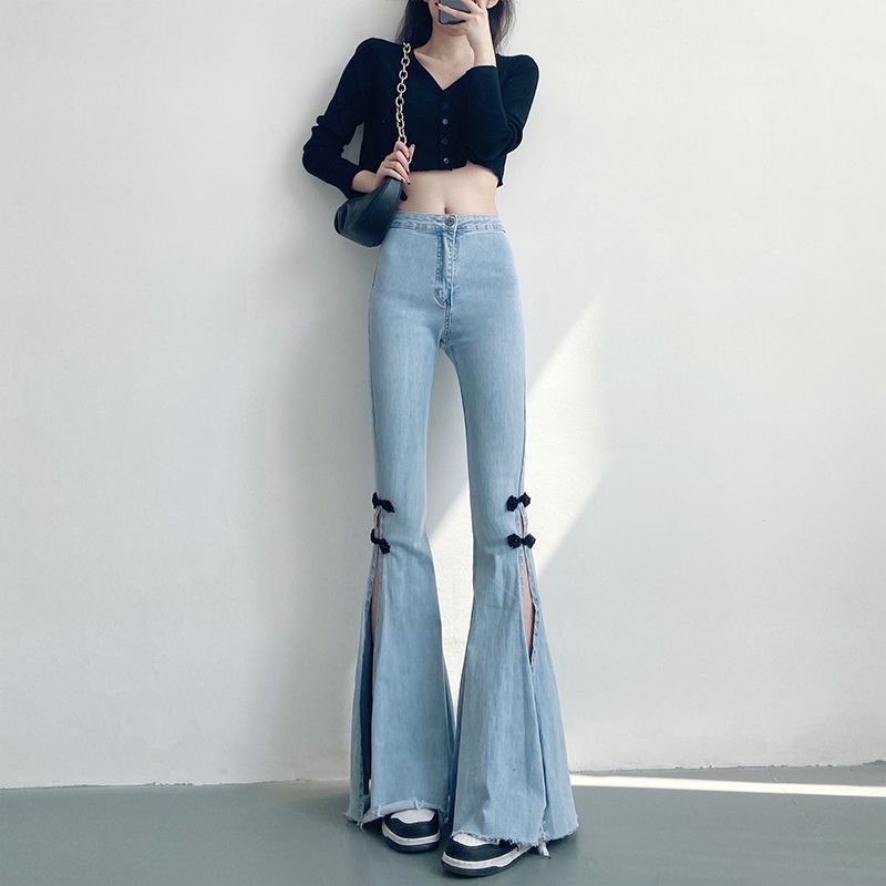 复古高腰开叉微喇牛仔裤女2023夏季新款修身显瘦拖地喇叭裤裤子
