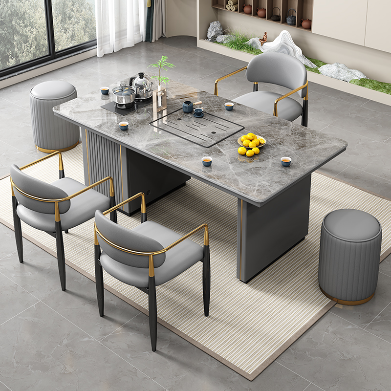 现代简约轻奢亮光岩板茶桌办公室家用客厅阳台自动烧水多功能茶台