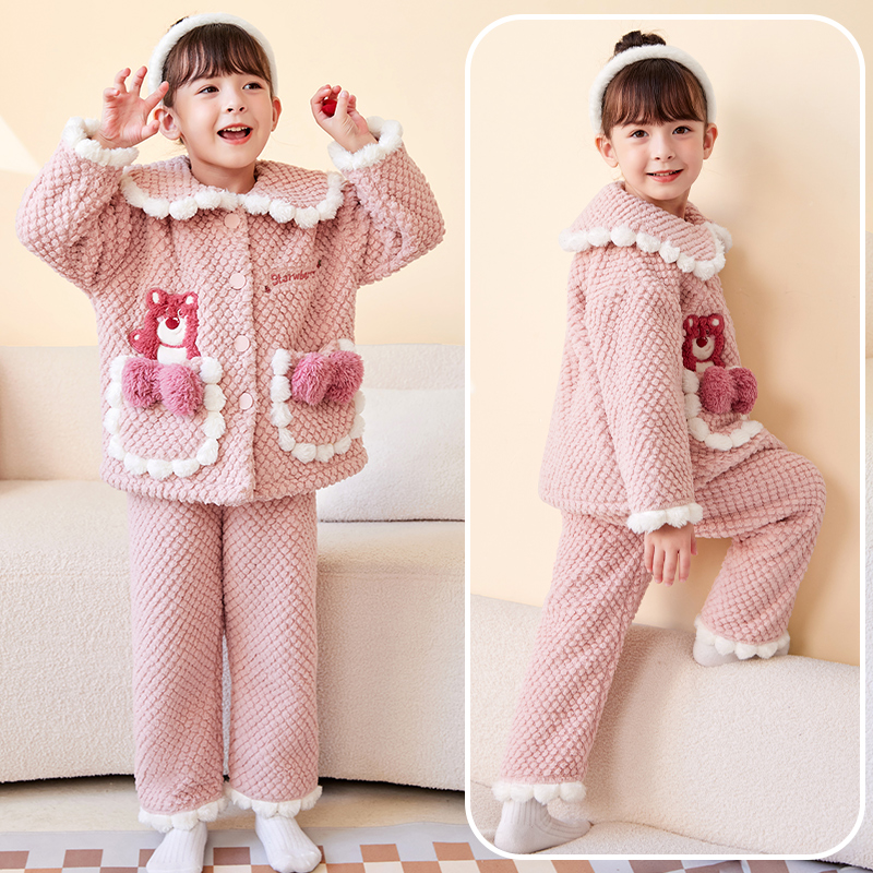新款加厚儿童睡衣法兰绒女童睡衣保暖加绒秋冬季中小童可爱短款