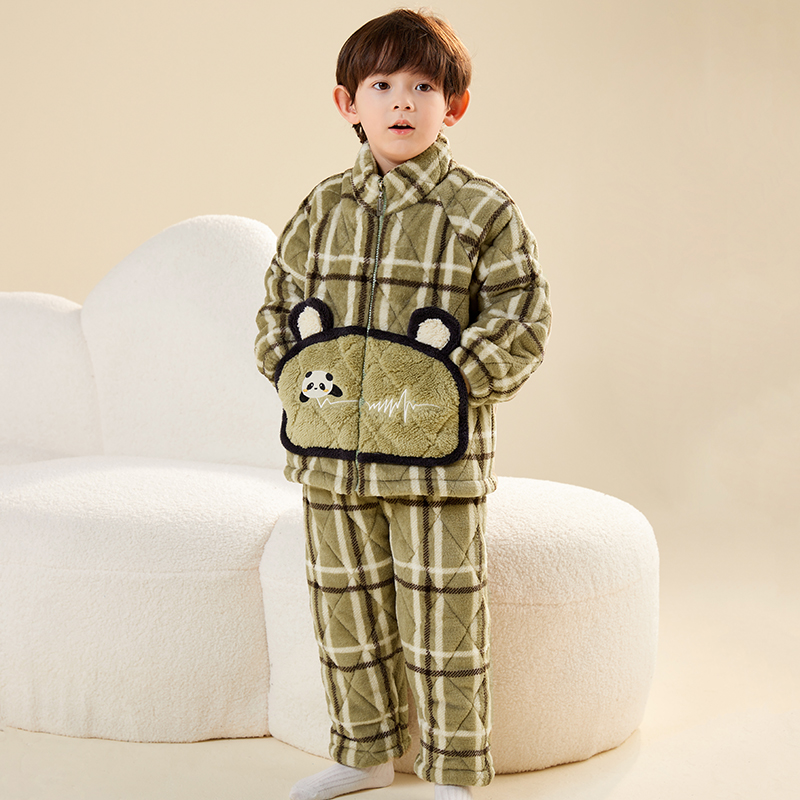 冬季男童三层夹棉加厚蓄热保暖冬天男孩卡通加绒儿童睡袍冬款加厚
