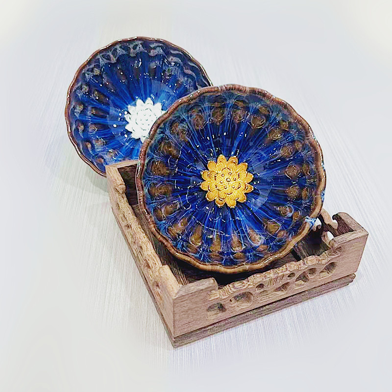 【情侣对杯】不带礼盒蓝色陶瓷主人杯盏杯精美莲花手工家用纯手工