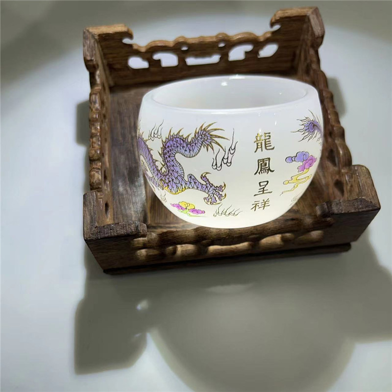 【龙凤呈祥白琉璃】主人杯纯手工夜光杯琉璃描金 品茗杯  瓷器白瓷