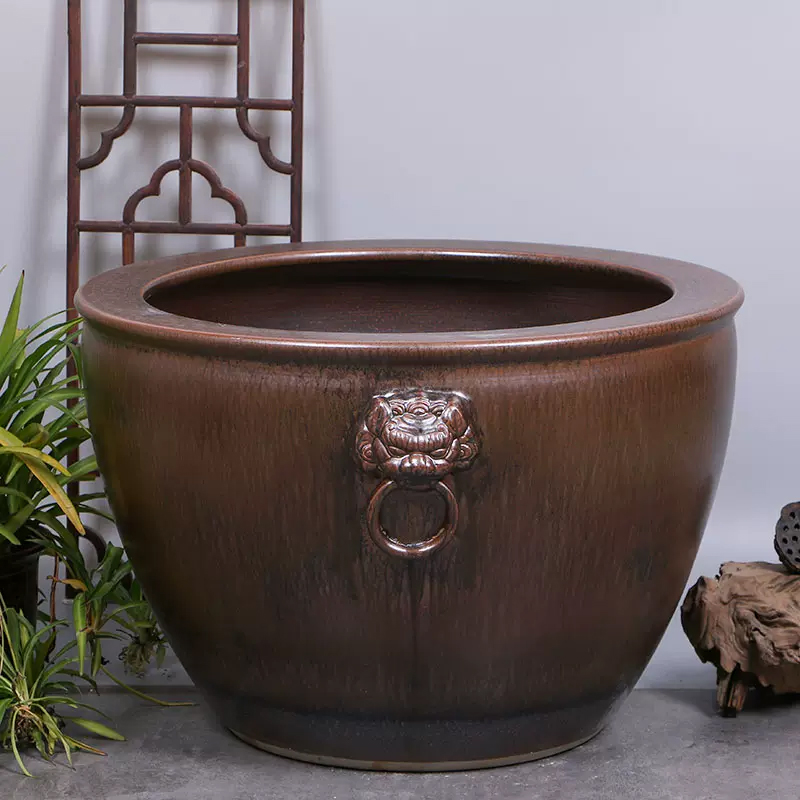 《古铜狮耳60*43cm》景德镇陶瓷缸门海摆件复古室外防晒鱼缸养鱼