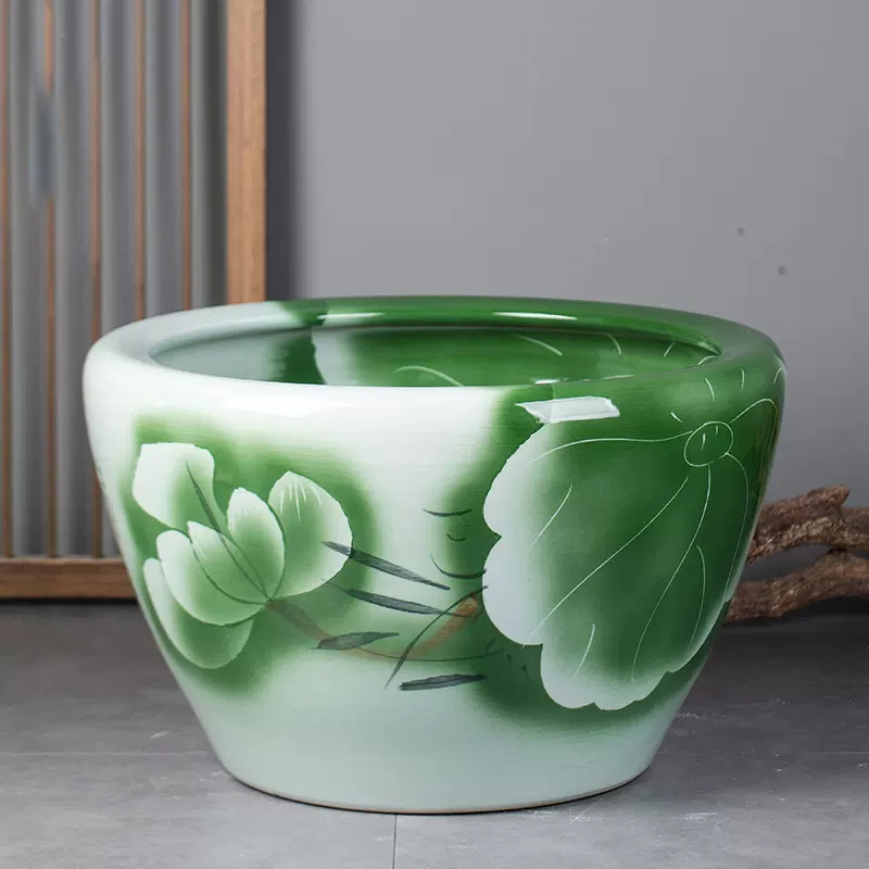 《圆口双面绿60*43》景德镇陶瓷缸摆件庭院景观手工手绘睡莲乌龟