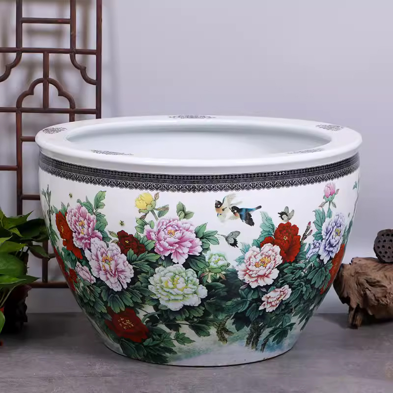 《春色满园60*43cm》景德镇陶瓷缸中式养鱼鱼缸平口书画字画摆件