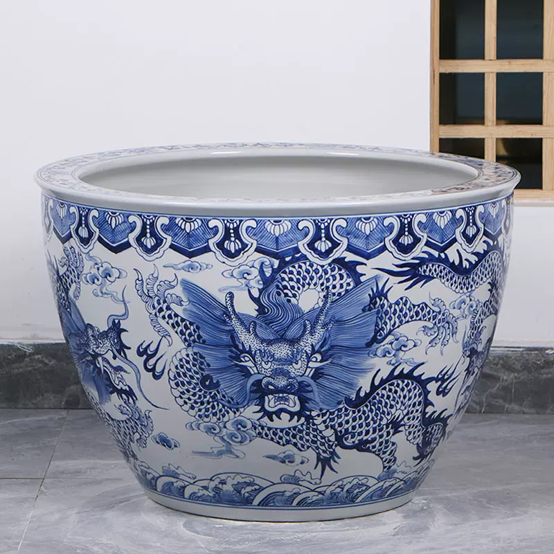 《手绘青花龙70*52cm》景德镇陶瓷大缸青花手绘养鱼种树养荷花睡莲