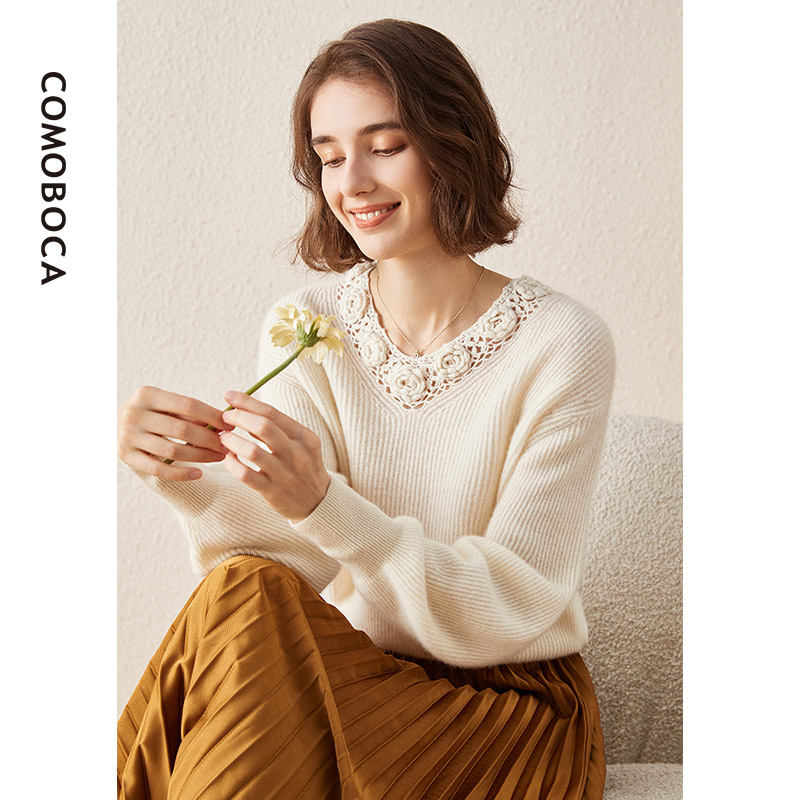 COMOBOCA/科蒙·博卡纯色气质V领秋冬加厚百搭女针织羊绒衫KSQ1322
