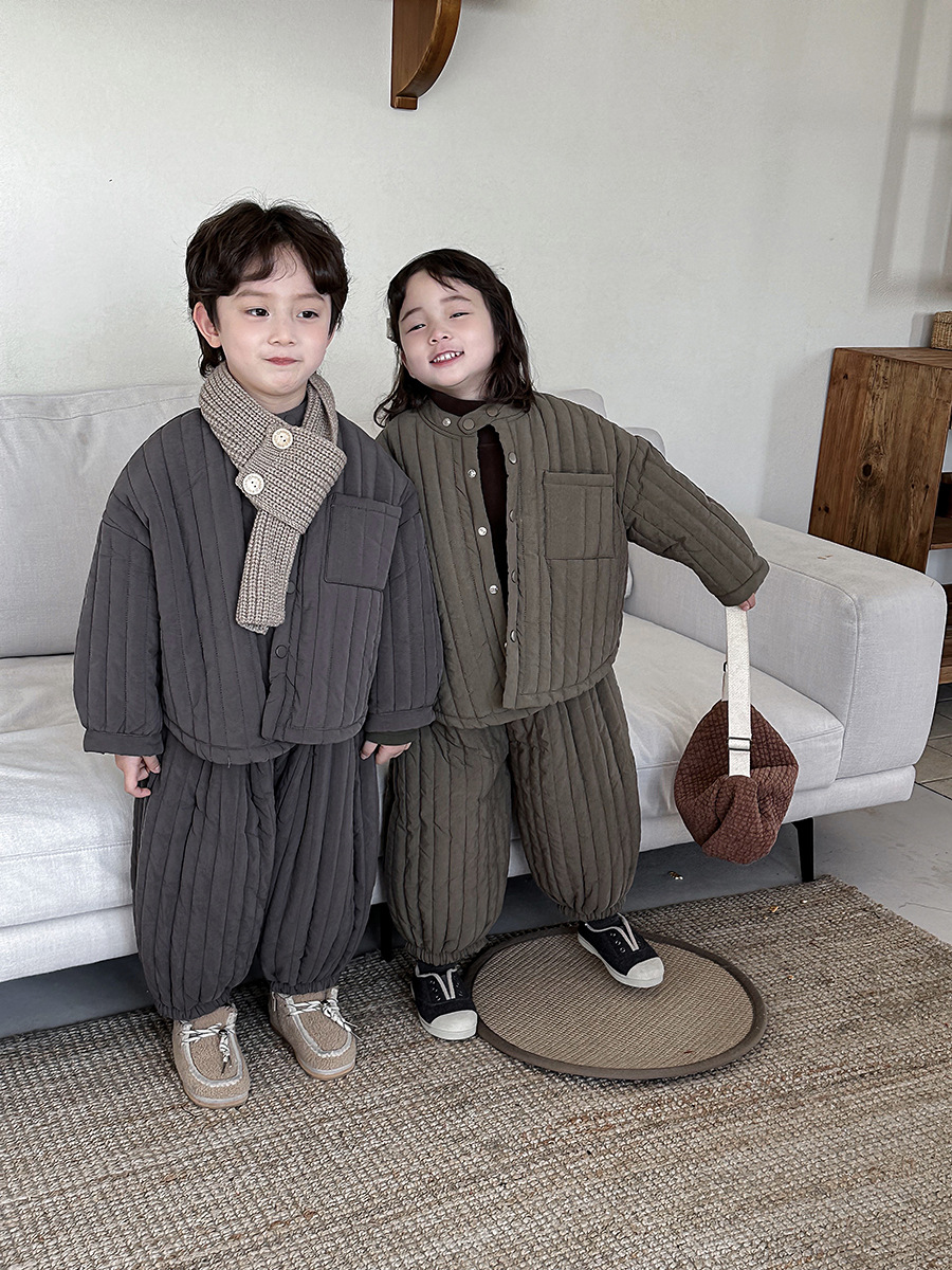 2025儿童冬季加厚衬衫棉袄外套男女宝宝保暖棉裤两件套装